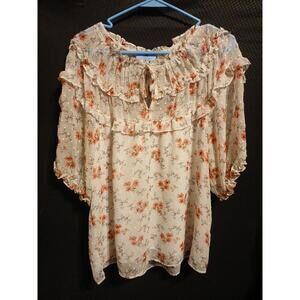 CeCe XL Floral Print & Raised Pattern Blouse Size Large Short Sleeve A25